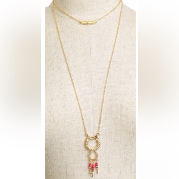 Jewelry - 2/$15 - Boho Double Hoop Drop Necklace | Gold & Red Statement Necklace | NWT
